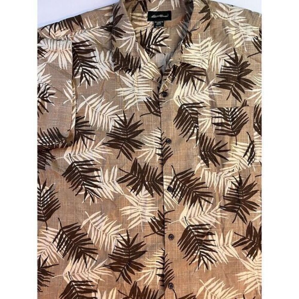 Eddie Bauer Men's Hawaiian Shirt Size 2XL Buttons Tan Palm Leaves Print
